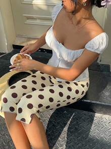 SHEIN EZwear 春夏新款奶油黄棕色波点针织弹力打底裤，女士款，适合比赛日、足球俱乐部、派对季、返校季、音乐节、度假、海滩派对等场合。 - 彩色 - 查看 4