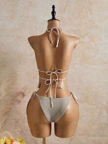 Bellisia Women's Summer Beach Plaid Halter Tie Sexy Tankini Swimsuit Set - Apricot - View 2