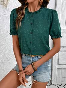 SHEIN LUNE Women's Casual Cutout Petal Sleeve Collared Blouse For Summer - Dark Green - View 5