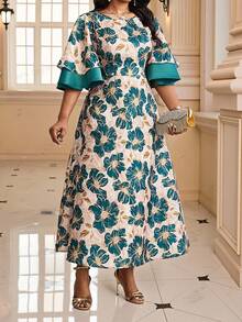 Fleurora 大码夏季优雅提花撞色荷叶袖中长连衣裙 - 彩色 - 查看 6