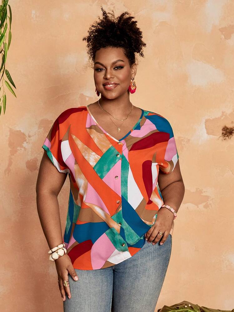 Plus Size Women V-Neck Single-Breasted Casual Versatile Daily Wear Shirt