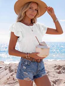 Sylviya Blusa de manga de hoja de loto con unicolor de moda para mujer - Blanco - Ver 5