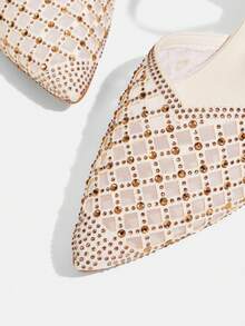 CUCCOO TILAWA Pointed Toe Fashion Chunky Heel Hollow Sandals With Rhinestone Strap, Comfortable Glitter Slip-On Heels For Women Summer Shoes - Gold - View 6