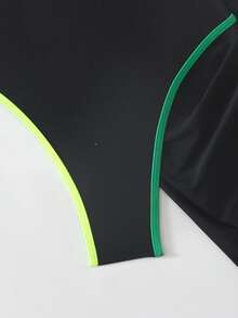 Swim SXY Conjunto de traje de baño sexy con escote halter y espalda descubierta de colores contrastantes - Negro - Ver 5