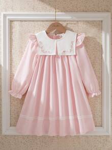 Souflis Souflis Girls' Vintage French Style Pink Fairy Summer Party Dress,Loose Floral Embroidery Lace Trim Contrast Collar Long Sleeve Casual School Photography - Pink - View 3