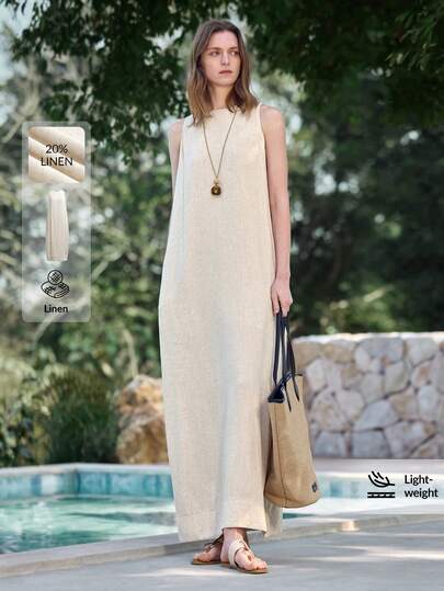 Ontre 2026SS Spring/Summer New Women's Long Dress, Linen-Color Apricot Color Dress, Comfortable Skin-Friendly Woven Fabric, Round Neck Sleeveless Loose Fit, Modern Urban Fashion Business Casual Office Wear, Low-Key Vintage High-End Feel, Urban Commute High-Quality Airport Wear, Cruise Ship Outfit, Wedding Guest Attire, Elegant, Simple Luxury Feel, Versatile All-Season, Holiday Outfit, Casual High-End Design, Fashion Bestseller