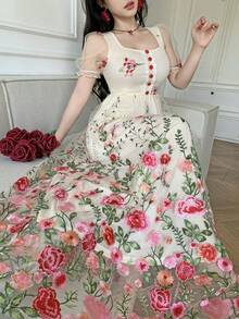 Celisse 女士方领花瓣袖网纱刺绣腰部连衣裙 - 杏色 - 查看 3