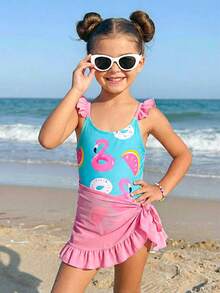 Conjunto de 2 piezas de traje de baño de una sola pieza con estampado de flamenco y donut para niña en vacaciones de playa - Multicolor - Ver 1