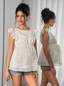 Momance Maternity Floral Embroidered Round Neck Ruffle Sleeve Fashionable Blouse,Summer Tops,Summer Outfits,White Top - Apricot - View 4