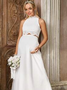 SHEIN White Summer Elegant Maternity Wedding Two-Piece Set,Pregnant Floral Lace Camisole And Side Slit Hem Midi Skirt,Comfortable Co Ord 2 Pieces Set - White - View 1
