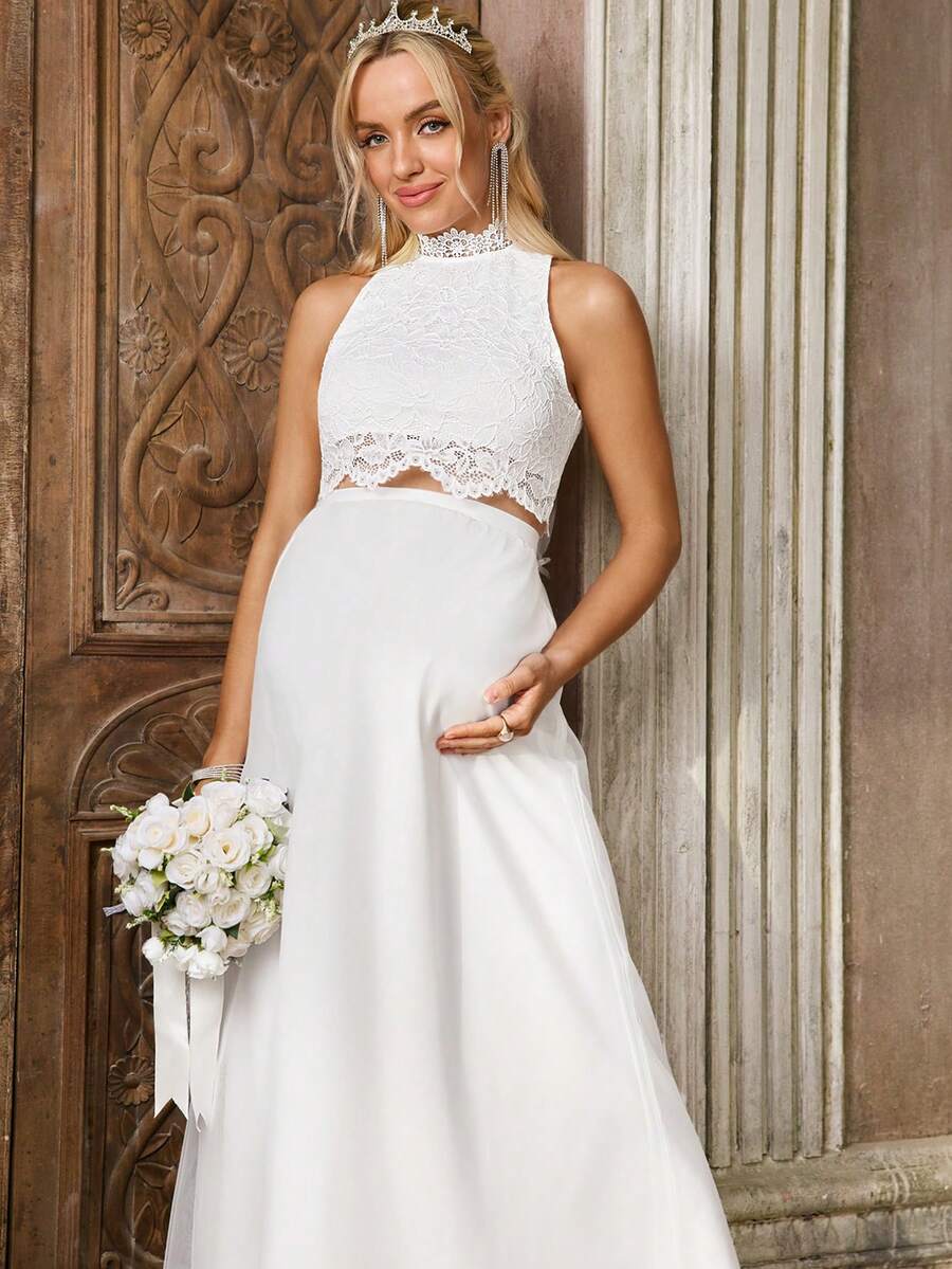 SHEIN White Summer Elegant Maternity Wedding Two-Piece Set,Pregnant Floral Lace Camisole And Side Slit Hem Midi Skirt,Comfortable Co Ord 2 Pieces Set - White - View 1