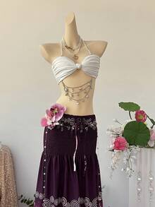 SuriyaCove Women's Vacation Beach Twist Beaded Chain Decor Backless Cropped Halter Top - White - View 4