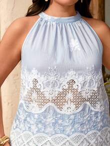Breezaya Conjunto de 2 peças com Blusa de Decote Halter e Saia, Estilo Elegante de Férias com Bordado e Renda, Adequado para Primavera/Verão, Volta às Aulas, Férias, Formatura, Dia dos Namorados, Natal, Festival de Música, Dia das Mães, Halloween, Ação de Graças, Páscoa, Dia Nacional, Baile de Formatura, Aniversário, Encontro, Casamento, Atividades ao Ar Livre - Azul - Visão 2