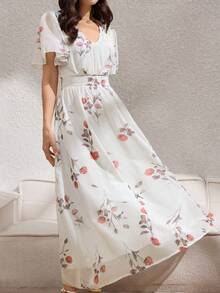 Rafferiza 女士夏季法式优雅休闲设计薄纱雪纺印花V领荷叶袖系带修身长款休闲连衣裙 - 杏色 - 查看 4