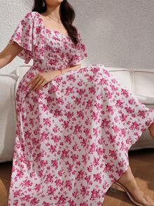 Rafferiza Women's Elegant Casual Red Floral Print Square Neck Ruffle Sleeve Back Tie Waist Slimming Long Vacation Dress, Summer - Red and White - View 1