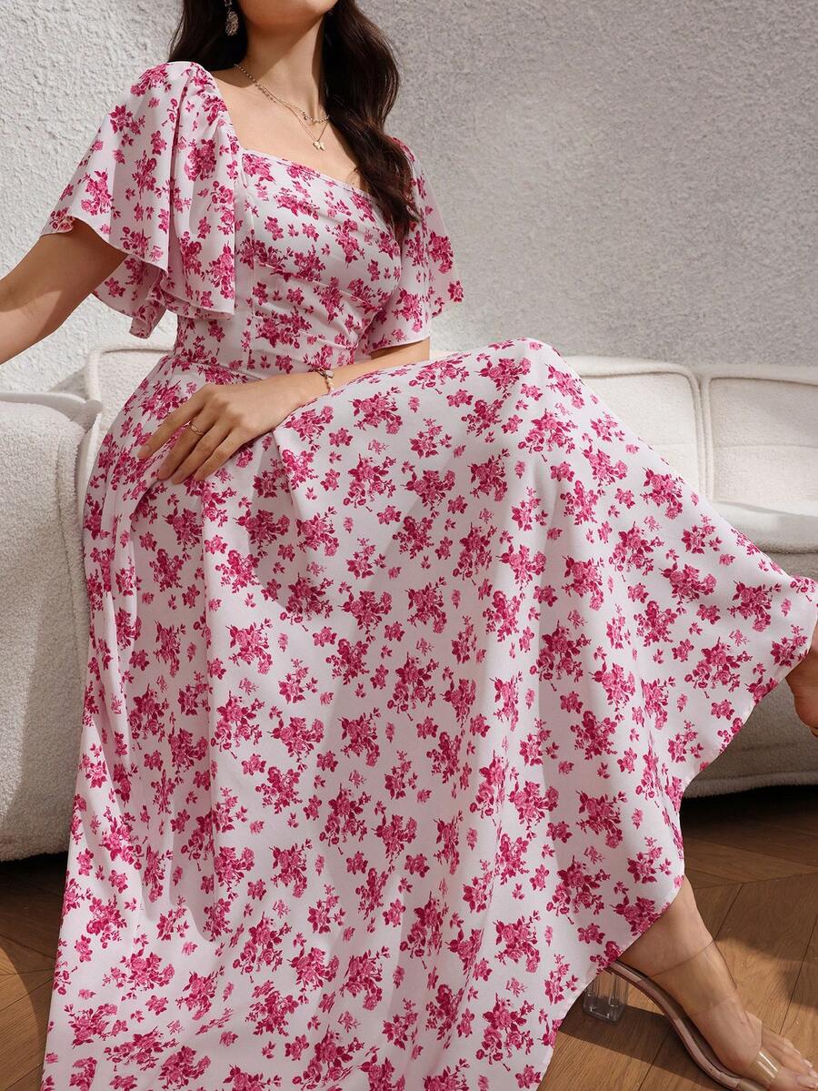 Rafferiza Women's Elegant Casual Red Floral Print Square Neck Ruffle Sleeve Back Tie Waist Slimming Long Vacation Dress, Summer - Red and White - View 1