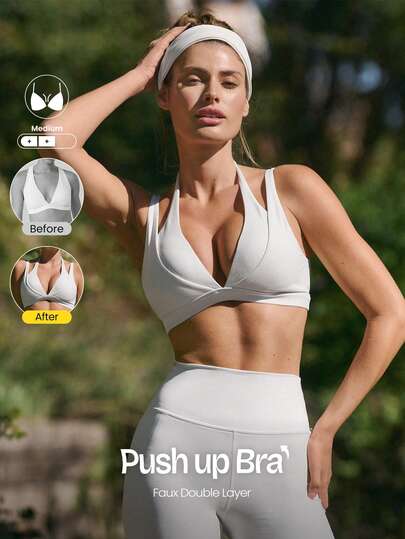 GLOWMODE FeatherFit™-Sculpt Double Glow Buttery-Soft Stretchy Compressive Removable Cups Push-Up Adjustable Halterneck 2 In 1 Style Sports Bra Medium Impact Training Running Workout Gym Wear