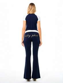 BABYPHAT Women's Fold Over Waist Flare Navy Blue Yoga Leggings With Gold Script Detail Bell Bottom Stretch Pants - Multicolor - View 5