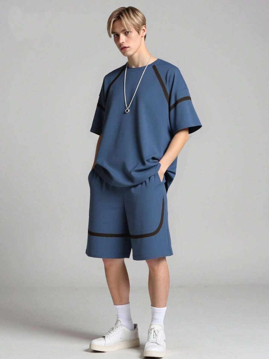 SHEIN Vacaura Boy 2件套青少年春夏秋季插肩袖撞色条纹T恤和口袋短裤休闲运动时尚套装 - 藍色 - 查看 1