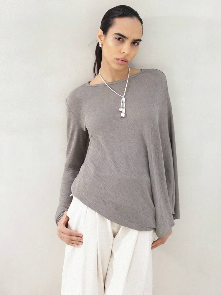 KSTM Women Asymmetrical Long Sleeve Top With Relaxed Oversized Fit Round Neckline And Soft Jersey Knit Fabric For Casual Comfort