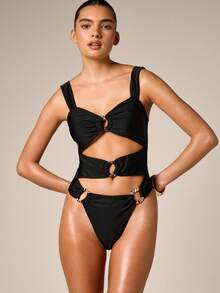 AiiRZ Traje de baño de una pieza con diseño de monokini, detalles de anillo con cortes y tirantes cruzados en la espalda para vacaciones en la playa y piscina en verano - Negro - Ver 3