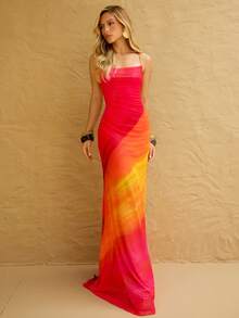BiaLiraa 新款度假风彩虹渐变网纱印花露背波西米亚风长裙，毕业派对礼服 - 紅色 - 查看 7