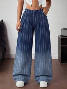 SHEIN ICON 女士条纹口袋休闲百搭日常阔腿牛仔裤 - 深色水洗藍 - 查看 1