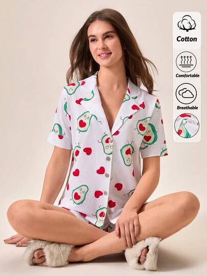 Loomlin Sweet Avocado Love Print Button-Up Pajama Co-Ord Set With Relaxed Shorts, Avocado & Heart Print Button-Up Pajama Shirt And Shorts Set