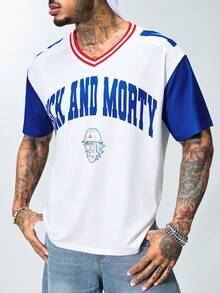 Rick and Morty X SHEIN Áo thun nam tay ngắn in chữ phối màu, kiểu dáng thường ngày, thích hợp cho mùa hè. - Màu be - Xem 5