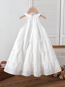 1pc Girls Elegant Sleeveless Hollow-Out Jacquard Fabric Dress, Suitable For Daily, Party And Holiday Wear, Summer - White - View 2