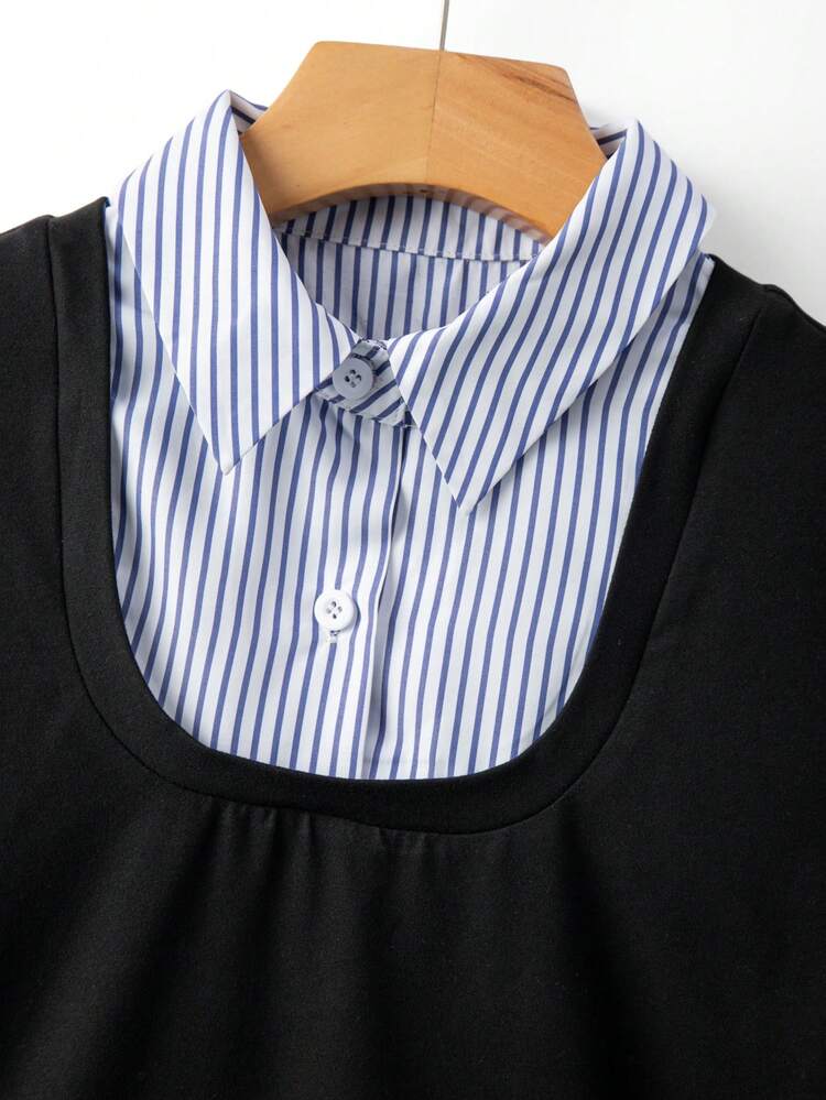 GlowEve Áo nữ tay ngắn cổ tròn màu đen, dáng bất đối xứng, xếp ly, phối nhiều mảnh vải, thắt eo, phong cách sinh viên thường ngày thanh lịch. - màu đen - Xem 7