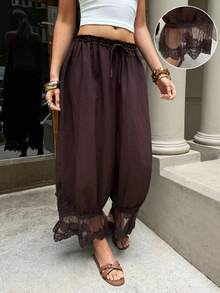 Serisse 女士抽绳腰带蕾丝拼接休闲百搭日常裤 - 棕色 - 查看 1