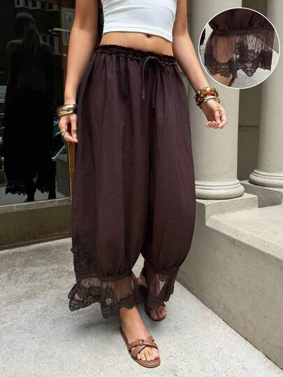 Serisse Pantalon décontracté polyvalent pour usage quotidien avec taille à cordon de serrage et patchwork en dentelle pour femmes