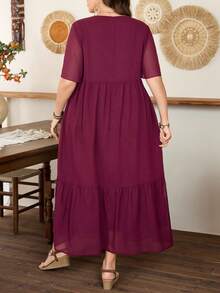 Lacomfia Rochie elegantă și confortabilă pentru femei, cu decolteu în V, cu mânecă scurtă, brodată, plisată, lejeră - Burgundia - Vizualizare 2
