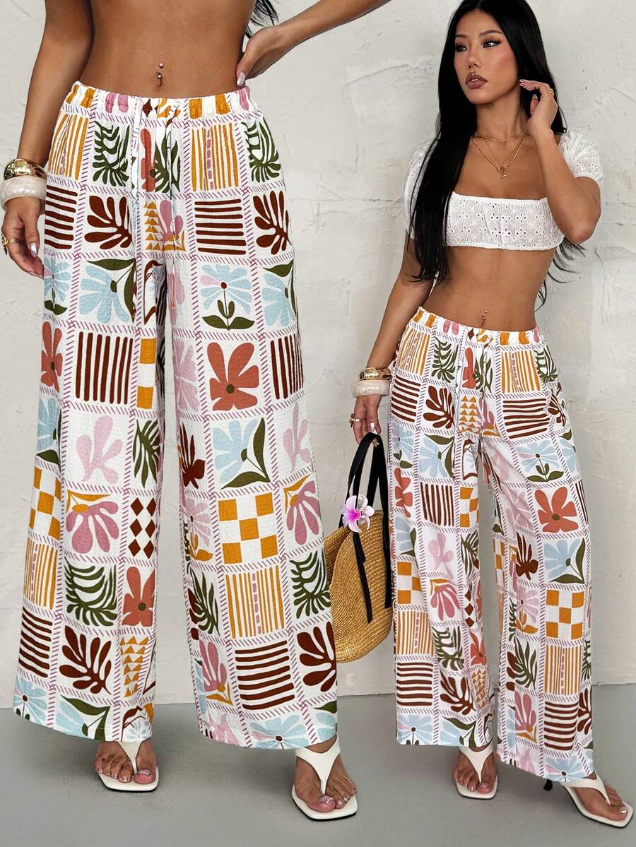 SHEIN PETITE Quần ống rộng thắt eo họa tiết hoa mùa thu dành cho nữ, trang phục đi nghỉ mát mùa hè, đi biển, du lịch.