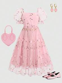 SHEIN Tween Girl Floral Embroidered Mesh Square Neck Petal Sleeve Cute Dress - Baby Pink - View 3