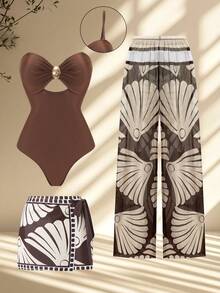 Swim Oasis Conjunto de traje de baño de 3 piezas talla grande, atuendo de uso diario minimalista para playa de verano para mujeres - Marrón - Ver 1