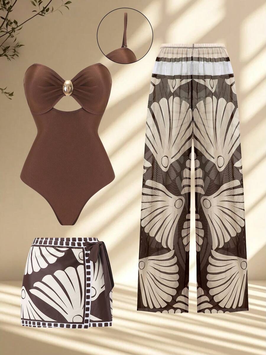 Swim Oasis Conjunto de traje de baño de 3 piezas talla grande, atuendo de uso diario minimalista para playa de verano para mujeres - Marrón - Ver 1