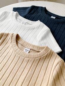 SHEIN 3 Sets Baby Boy Casual Solid Color Round Neck Short Sleeve T-Shirt And Elastic Waist Shorts,Navy And White,Summer,Casual,Family Matching Outfit Set - Multicolor - View 6