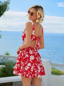 Vivid Eden 女士夏季度假风印花露背吊带露腰连衣裙，红色女装 - 紅白色 - 查看 1