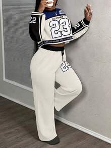 Slaydiva Conjunto esportivo feminino casual estilo streetwear, caimento solto, 2 peças, adequado para outono/inverno - Multicolorido - Ver 7