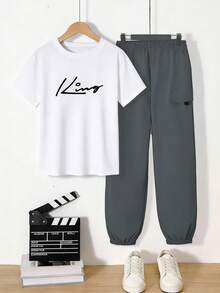 SHEIN Mirajuku 2pcs Tween Boys' Print Black Short Sleeve T-Shirt + Beige Cargo Pants Casual Suit, Spring/Summer - White - View 4