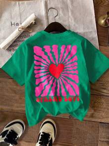 SHEIN LUNE Women's Graphic T-Shirt, Casual Street Style Short Sleeve Tee, Cute Summer Top Baby Tee Printed T Shirt Graphic T Shirt Cute T-Shirt Heart Graphic Tee Cute T Shirt Woman T Shirt Graphic Tops T Shirts Graphic - Green - View 4