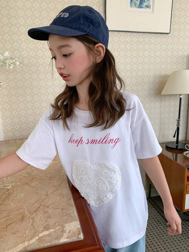 Tween Girl Heart Decor Letter Print Short Sleeve T-Shirt Summer