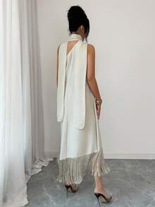 SHEIN Elenzya Elegant Linen-Like Loose Asymmetric Shoulder Tassel Trim Dress, Suitable For Holidays, Vacation, Commute, Versatile For Daily Wear, Summer - Coffee - View 3