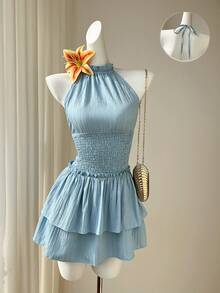 Elamini Women's Light Blue Summer Halter Backless High Stretch Waist Fitted Ruffle Hem Design Sexy Sweet Date Party Vacation Dress - Blue - View 1