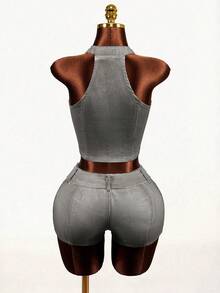 Mistrie 女士短款拉链翻领牛仔背心 - 白色 - 查看 2