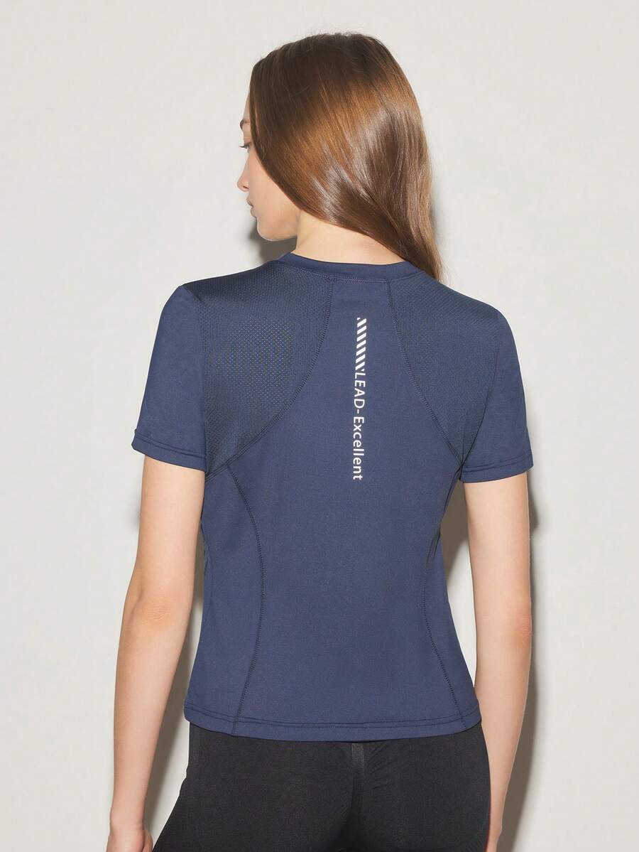 With My Calm With My Calm Kaos Olahraga Lengan Pendek Kasual Musim Panas dengan Grafis Huruf dan Bahan Bernapas - Navy Blue - View 1