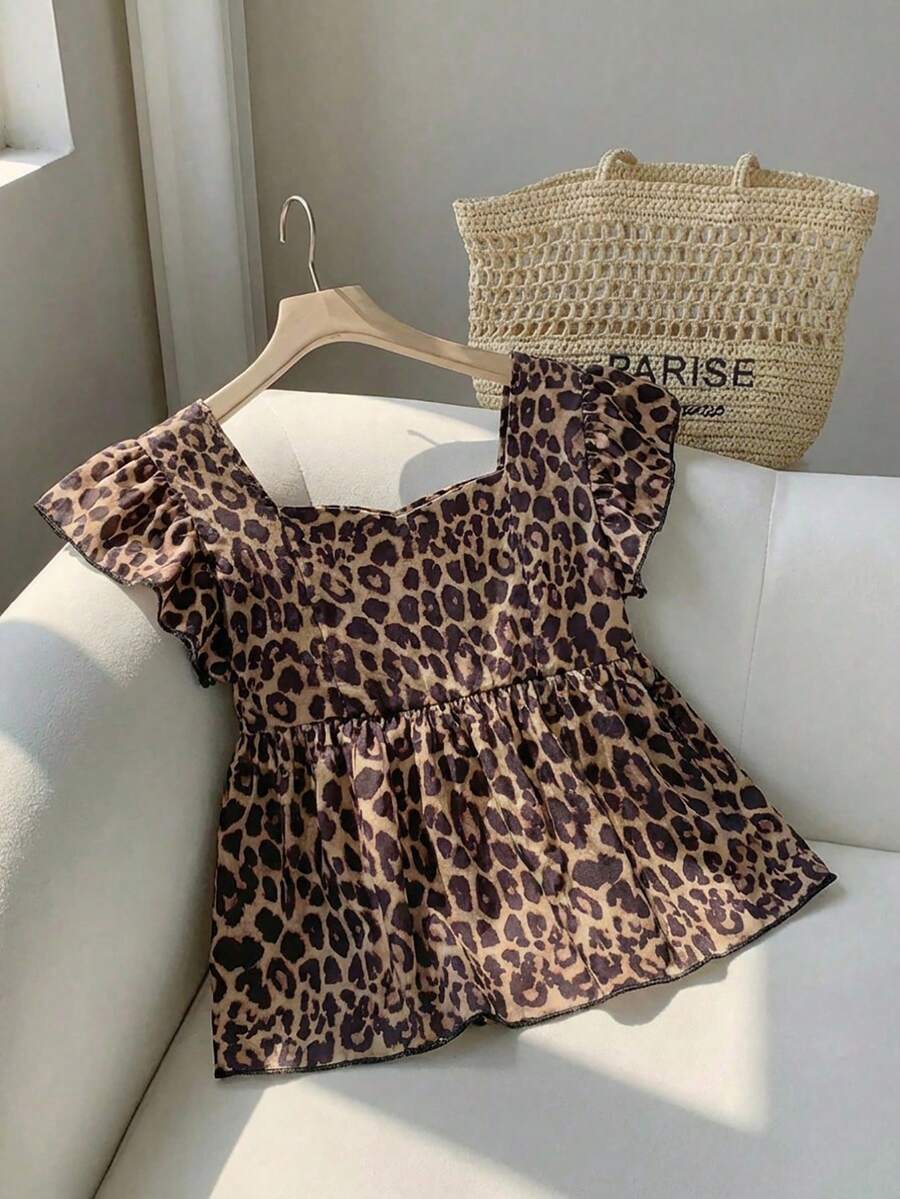 SHEIN Girls' Blue Cap Sleeve Shirt, Fashionable Summer Tops, Soft & Stylish Design, Versatile For Vacation, Travel, Campus And Daily Wear - Multicolor - View 1