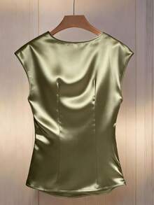 GlowEve CURVE Plus Size Women's Elegant Olive Green Summer Satin Blouse,French Retro V-Neck Sleeveless Waist Pleated Button Decor Basic Top For Dinner,Vacation - Army Green - View 2